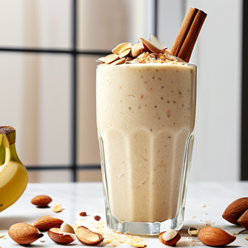 Home 11 **
A vibrant almond banana smoothie in a clear glass, topped with sliced almonds and a sprinkle of cinnamon. The smoothie is set against a bright, sunny kitchen backdrop, with fresh bananas and almonds scattered around. Focus on the creamy texture and appealing colors.
**
