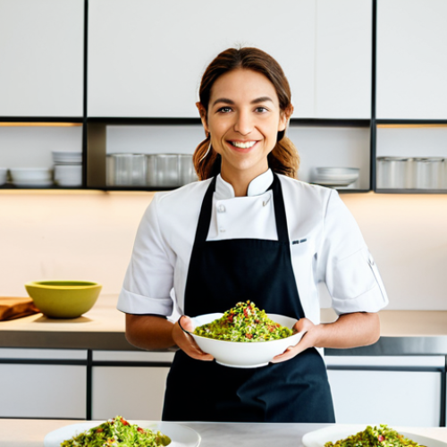 Home 6 A professional culinary expert in a modest, clean chef's uniform, fully clothed, standing in a brightly lit, modern kitchen. On a clean counter in front of them, an array of exquisite nut-based vegan dishes are beautifully arranged: a creamy cashew pasta, a savory walnut 'meat' taco, a glass of almond milk latte, and a delicate pistachio-infused dessert. The chef gestures towards the food with a welcoming expression. This image emphasizes culinary innovation and the delicious possibilities of vegan cuisine. Safe for work, appropriate content, fully clothed, professional dress, perfect anatomy, correct proportions, natural pose, well-formed hands, proper finger count, natural body proportions, high quality professional photography.