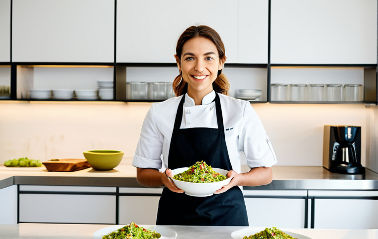 A professional culinary expert in a modest, clean chef's uniform, fully clothed, standing in a brightly lit, modern kitchen. On a clean counter in front of them, an array of exquisite nut-based vegan dishes are beautifully arranged: a creamy cashew pasta, a savory walnut 'meat' taco, a glass of almond milk latte, and a delicate pistachio-infused dessert. The chef gestures towards the food with a welcoming expression. This image emphasizes culinary innovation and the delicious possibilities of vegan cuisine. Safe for work, appropriate content, fully clothed, professional dress, perfect anatomy, correct proportions, natural pose, well-formed hands, proper finger count, natural body proportions, high quality professional photography.
